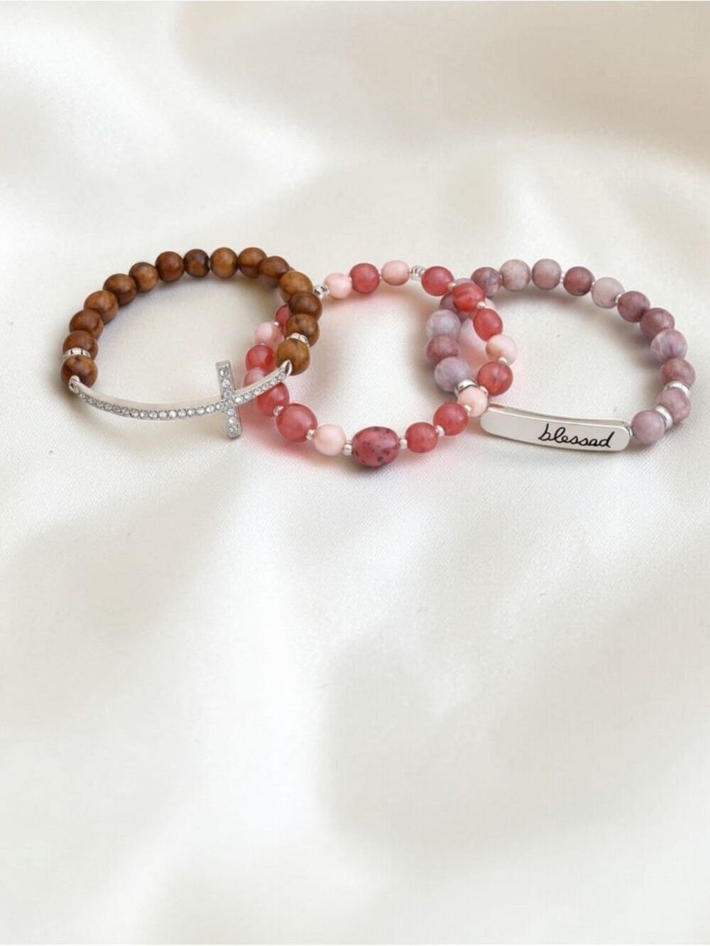 Glass Bead Stretch Bracelet Set of 3 Cross Blessed Pink Brown Stack